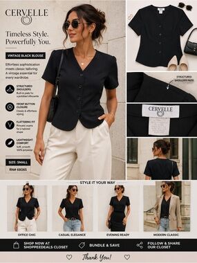 Cervelle Vintage Black Button Front Blouse | Women’s Size Small